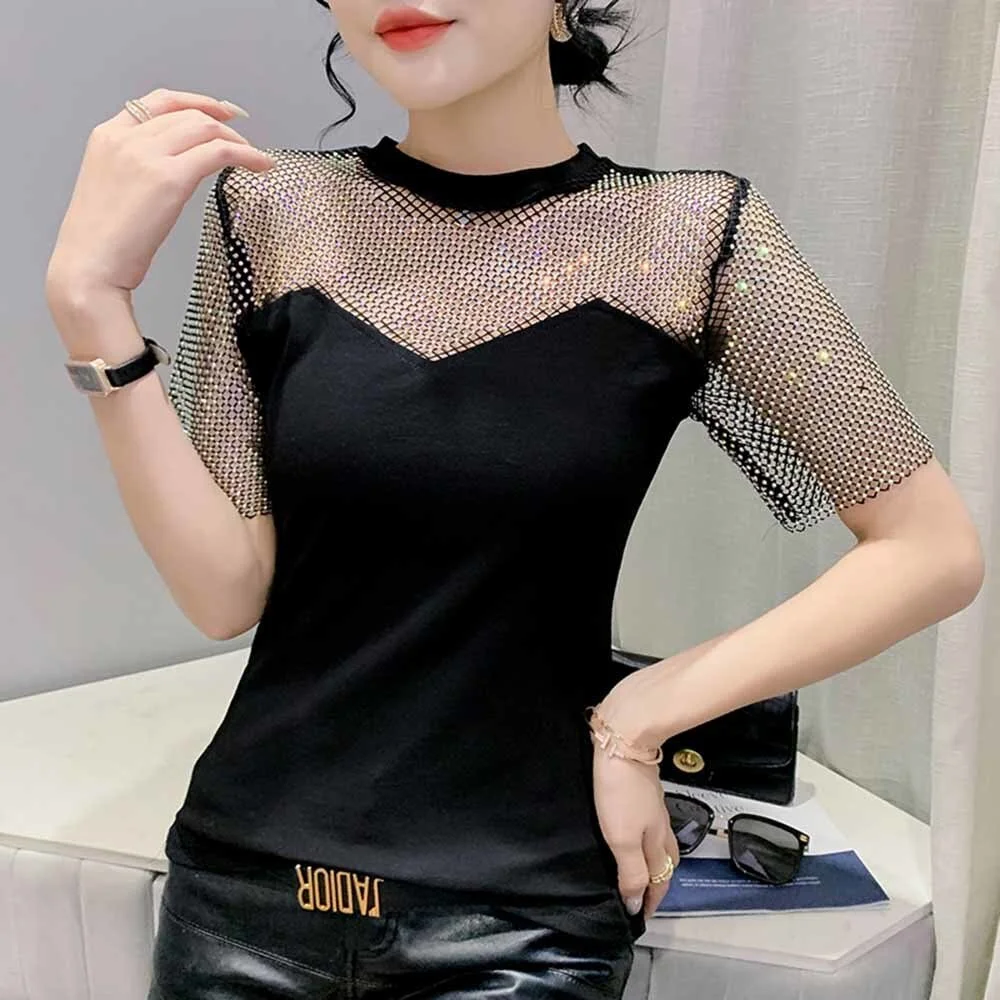 Cartoonh 2022 Summer Short Sleeve Top Feamle Fashion Casual Sexy Hollow Out Patchwork Mesh T-Shirt Women Clothing