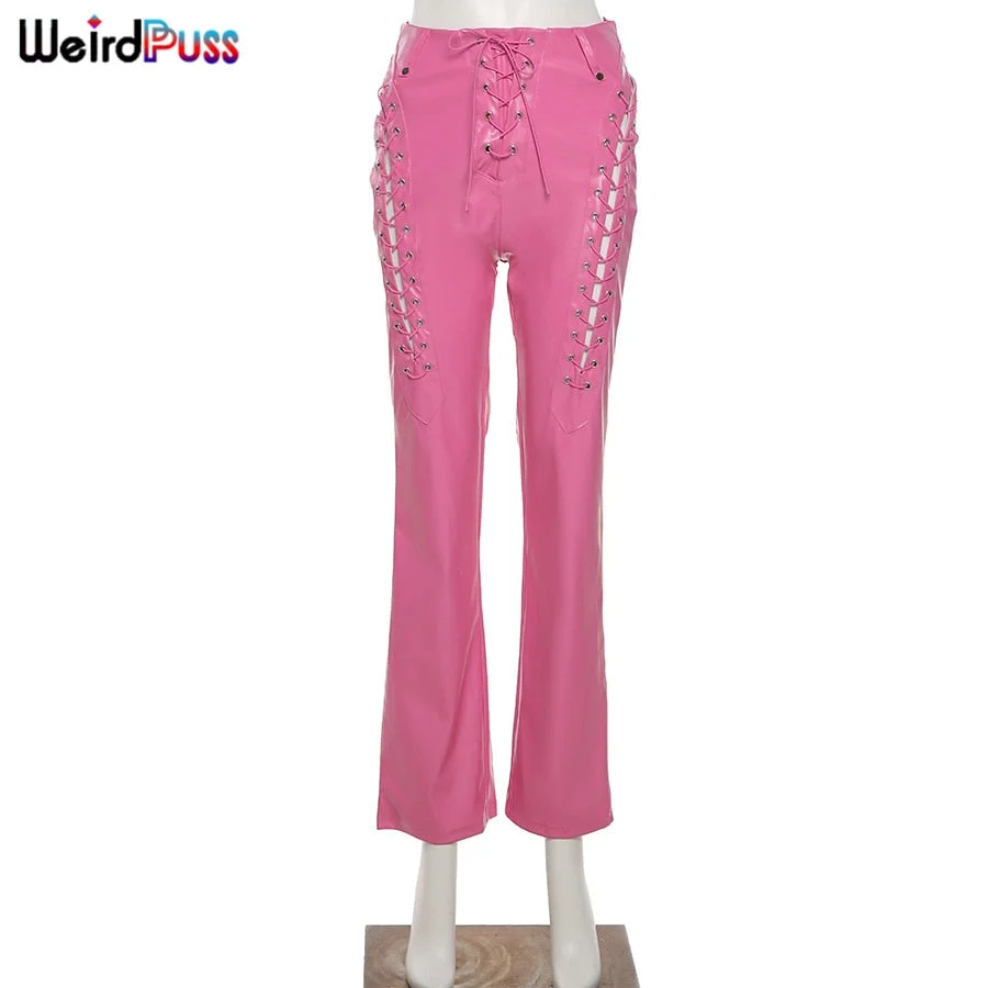 Weird Puss Faux PU Y2K High Waist Pants Women Chic Hollow Out Bandage Sexy Summer Trend Leather Club Trousers Slim Streetwear