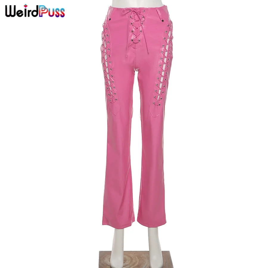 Weird Puss Faux PU Y2K High Waist Pants Women Chic Hollow Out Bandage Sexy Autumn Trend Leather Club Trousers Slim Streetwear