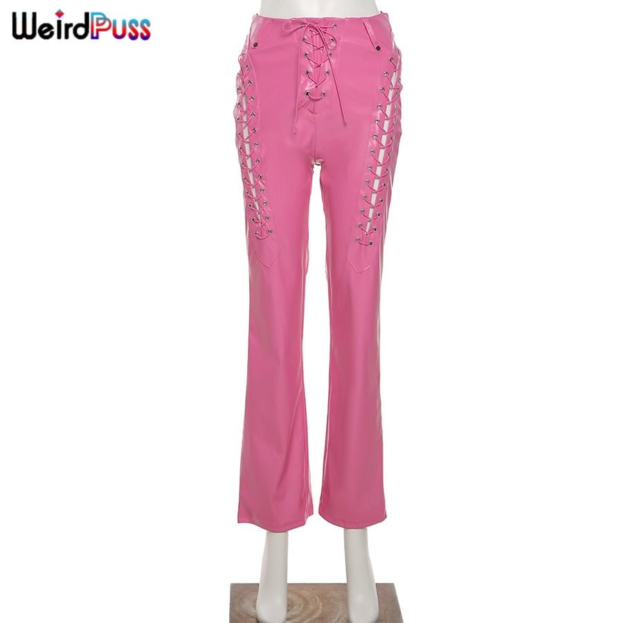Weird Puss Faux Y2K Leather Pants Women Chic Hollow Out Bandage Sexy Summer Trend High Waist Trousers Wild Streetwear Bottoms