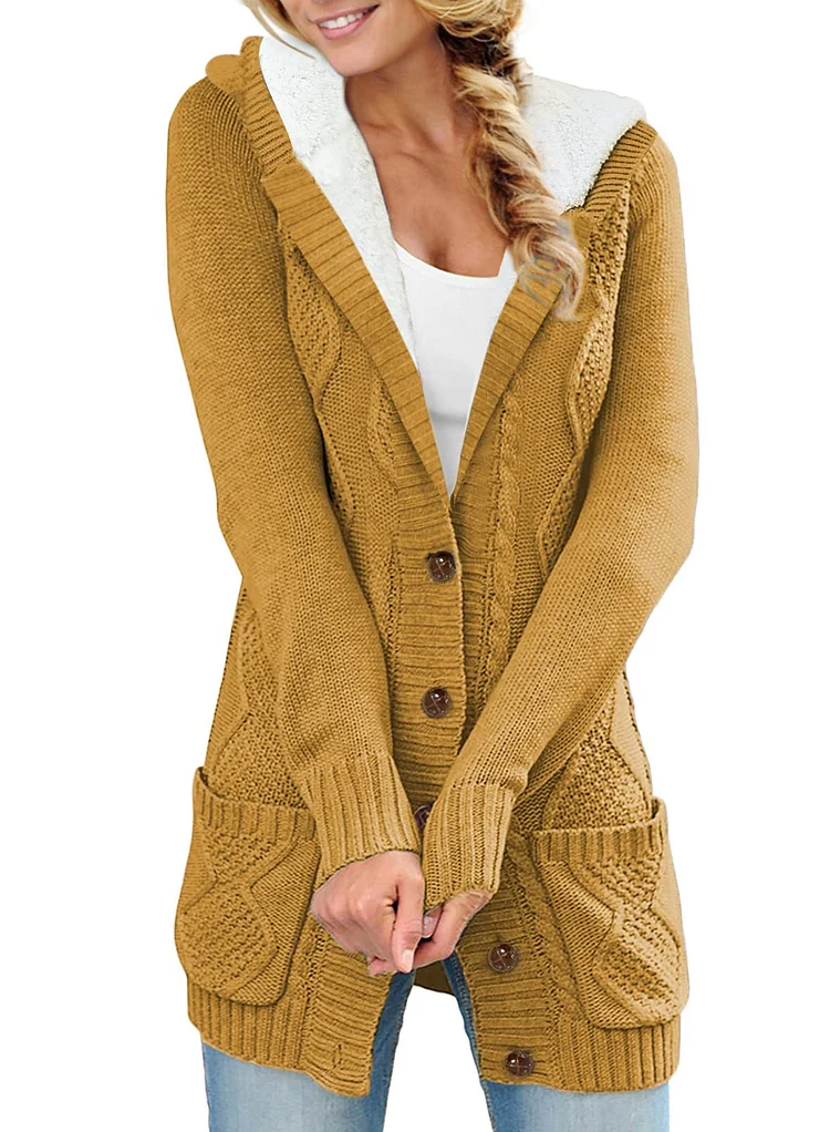 Women Hooded Fleece Lined Sweater Cardigan Button Down Front Winter Coat