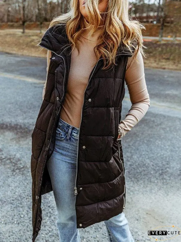 Women's Black Hooded Puffer Vest - Longline