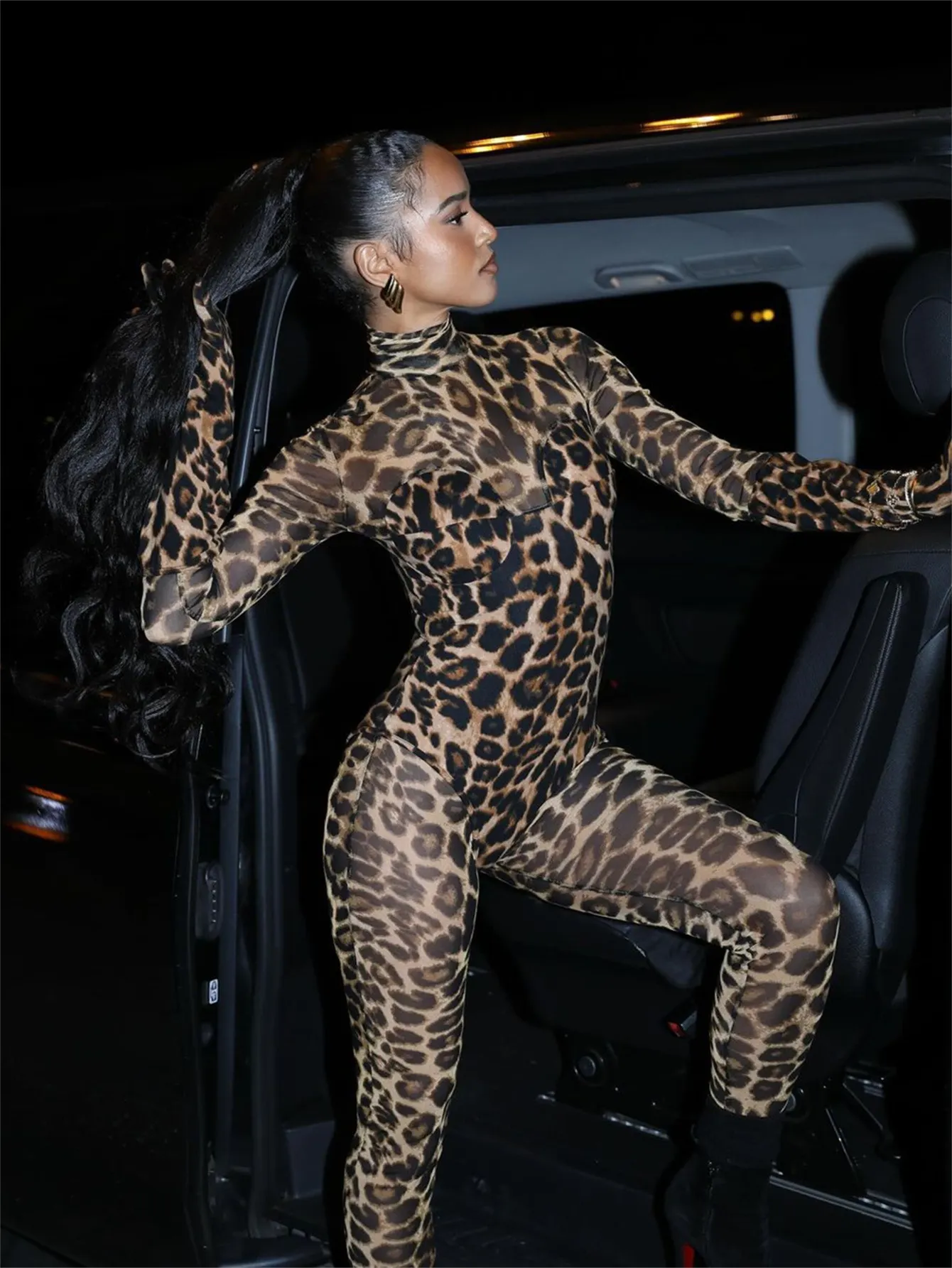 Autumn Slim Sexy Mesh See through Leopard Print Stretch Jumpsuit