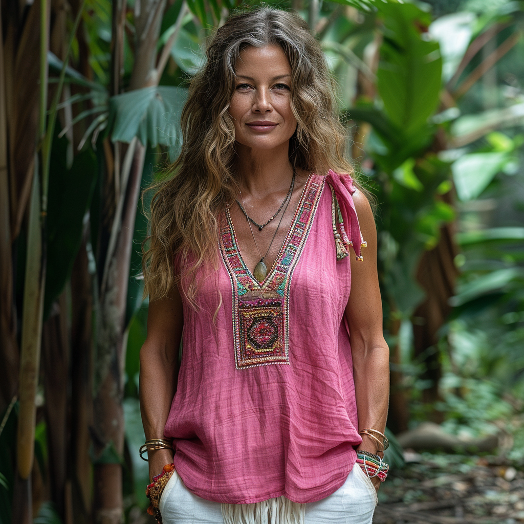 Woman - Ethnic Linen Top-inspireuse