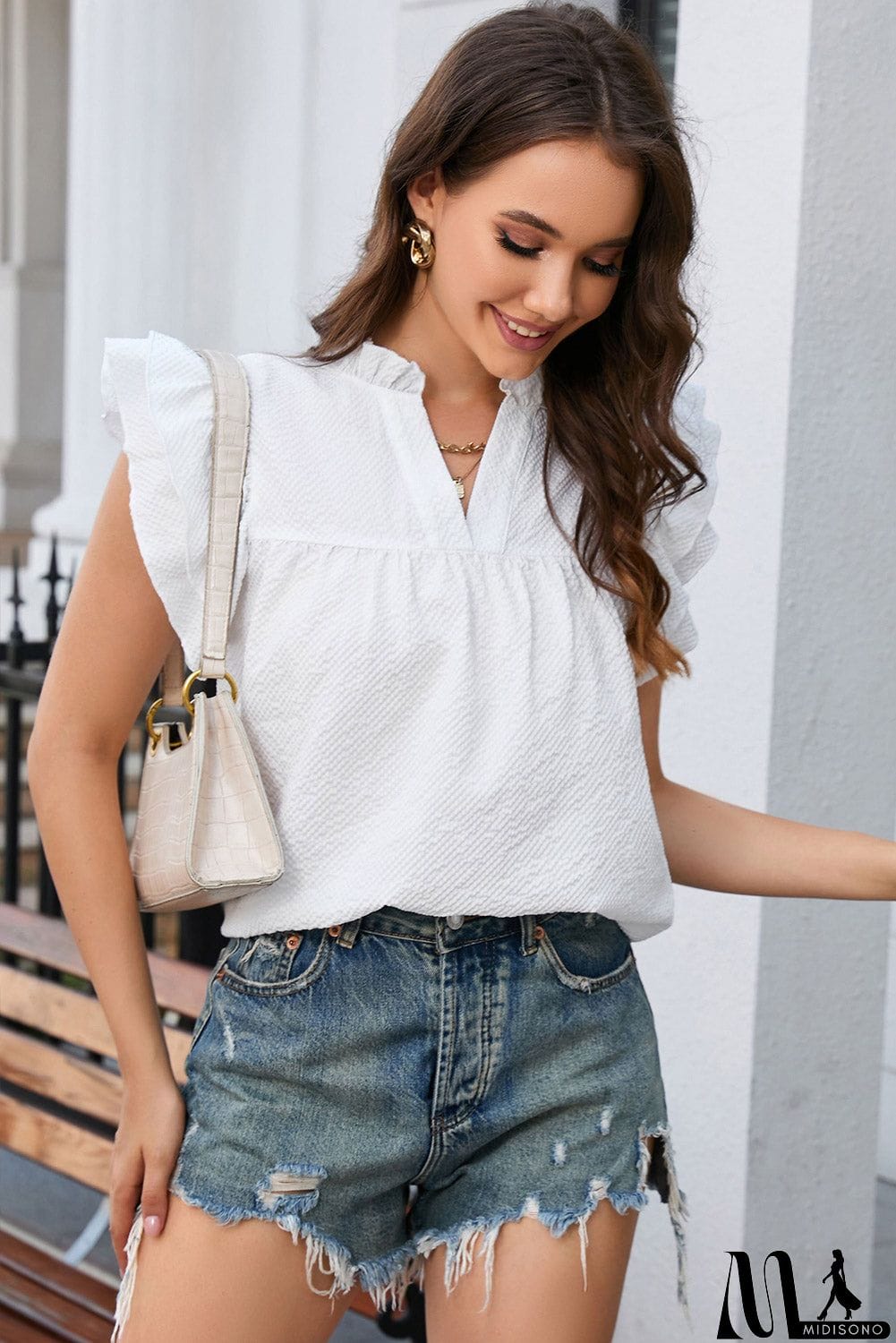MidiSono - White Ruffle Flutter Notch Neck Top