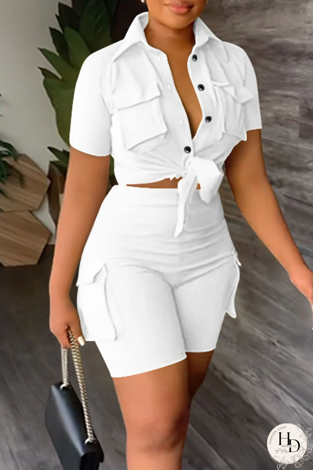 Khaki Casual Solid Bandage Patchwork Pocket Buckle Turndown Collar Short Sleeve Two Pieces