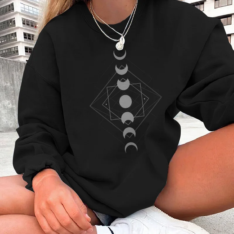 Loose Crew Neck Sun And Moon Print Sweatshirt - Neojana