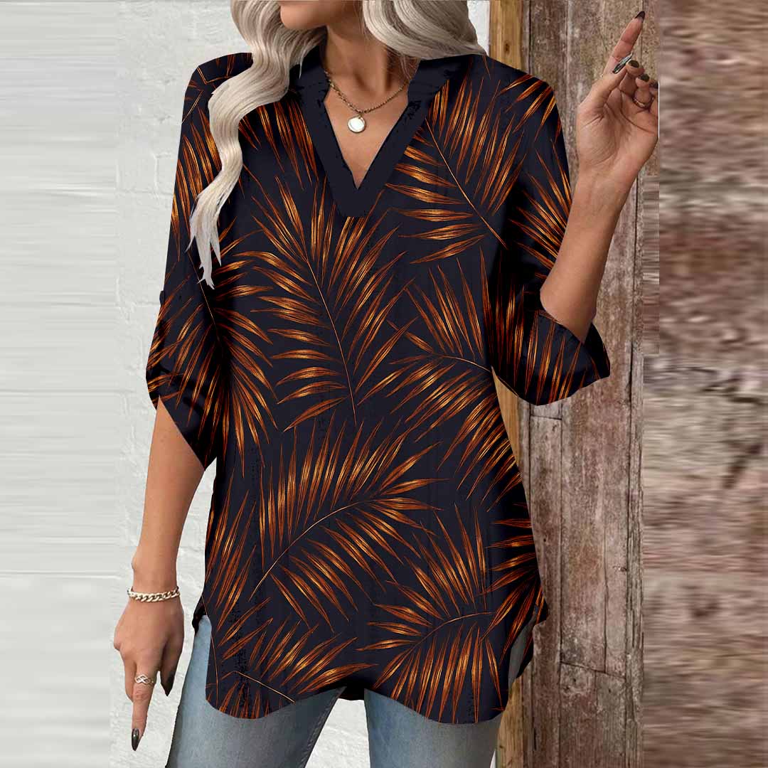 Women Black, Leaves, Orange DZGA0380 3/4 Sleeve V-neck Printed Graphic Button Tops
