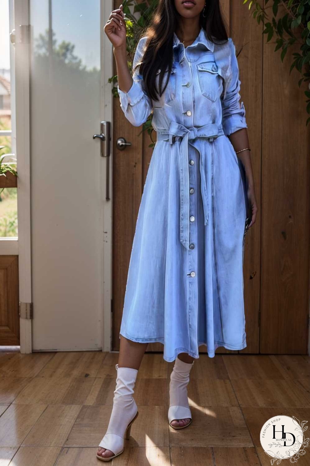 pocket lapel belted long sleeve denim dress