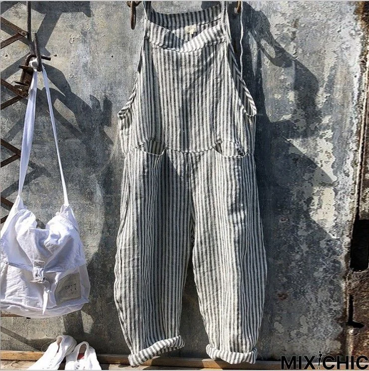 Vintage Black Gray Linen Stripes Pants Linen & Cotton Romper Jumpsuits