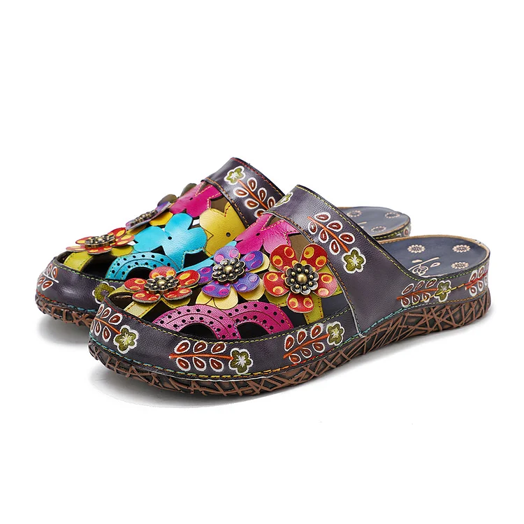Women's Leather Clogs,Women Leather Bohemian Colorful Slide Sandal