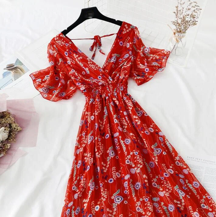 Summer Vintage Floral Chiffon Long Dress Sexy V-neck Ruffle Boho Dresses 2021 Elegant Women Party Short sleeve Dress Vestidos