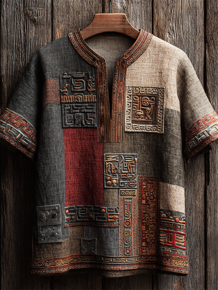 Ancient Egyptian Ethnic Colorblock Patchwork Linen Shirt