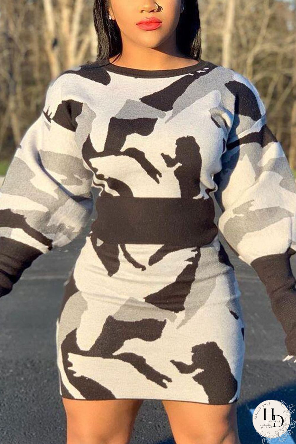 Black And White Casual Print O Neck Long Sleeve Two Pieces