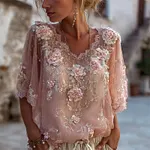 Boho Pink Roses Glitter Embroidered Lace Trim Flowy Linen Tunic - Image 2