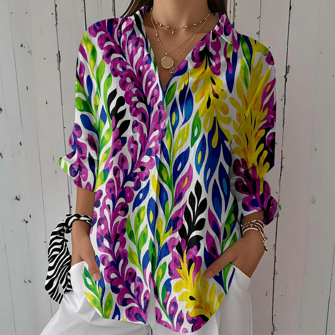 Style & Comfort for Mature Women Women Graffiti Purple,  Blue,  Yellow DZCL0411 3/4 Sleeve Shirt Collar Printed Button Tops