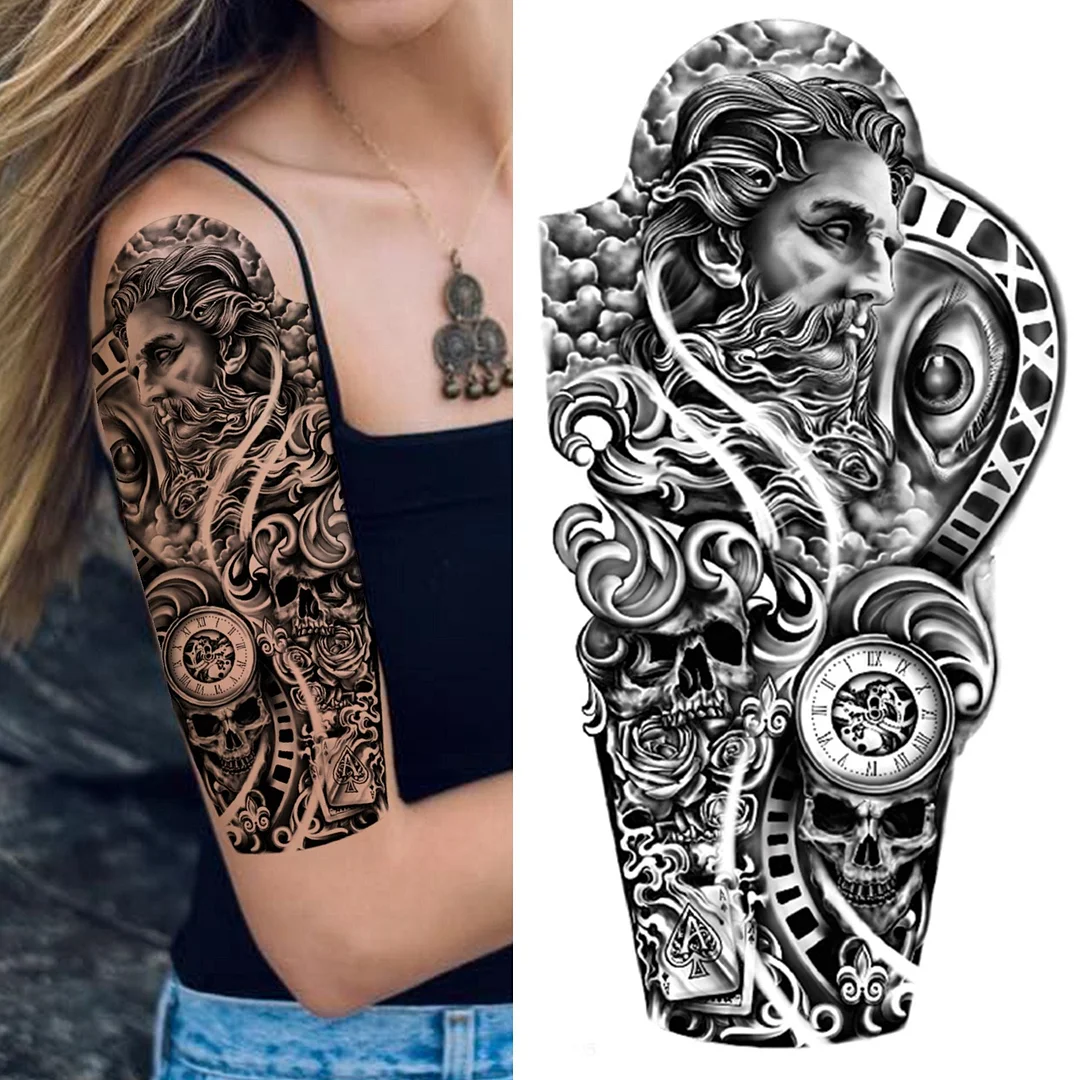 Forest Tiger Temporary Tattoos For Men Women Kids Lion Skull Cross Tattoo Sticker Black Compass Skeleton Tatoos Leg Thigh 530
