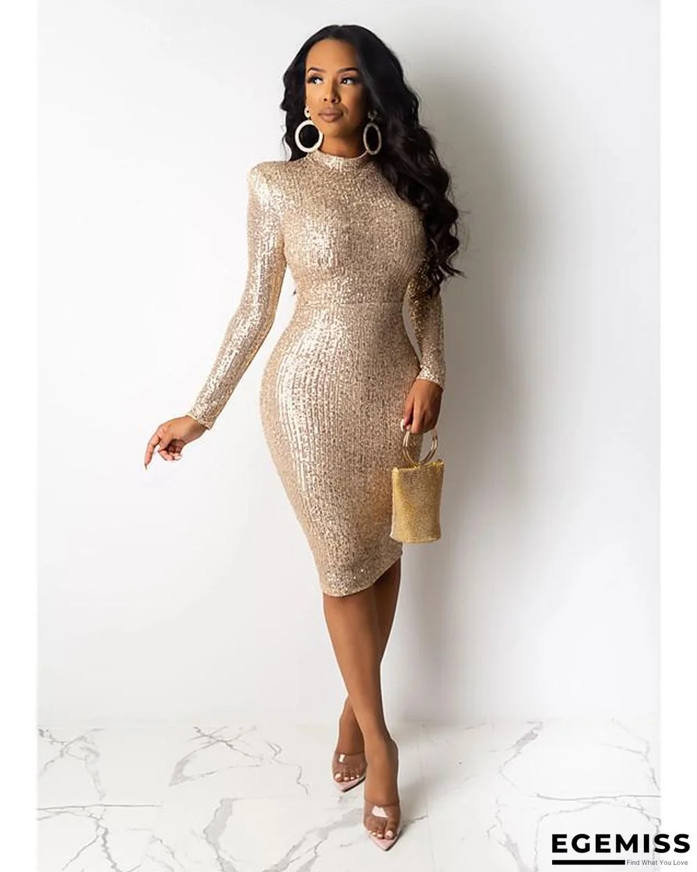 Women's Sheath Dress Knee Length Dress Wine Khaki Long Sleeve Solid Color Sequins Spring Summer Round Neck Hot Formal Party Puff Sleeve Slim S M L XL XXL | EGEMISS