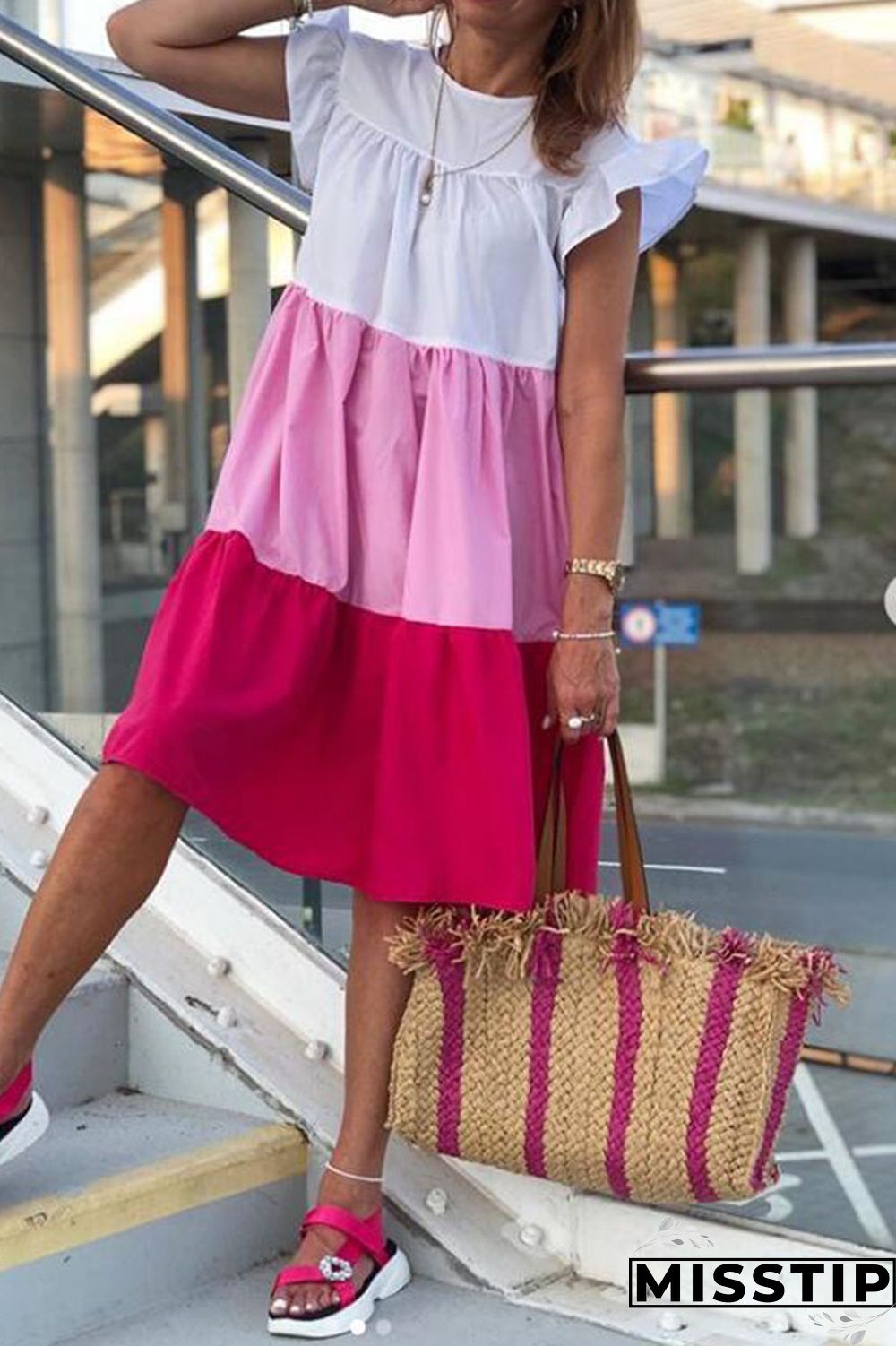 Green Casual Solid Patchwork O Neck A Line Dresses