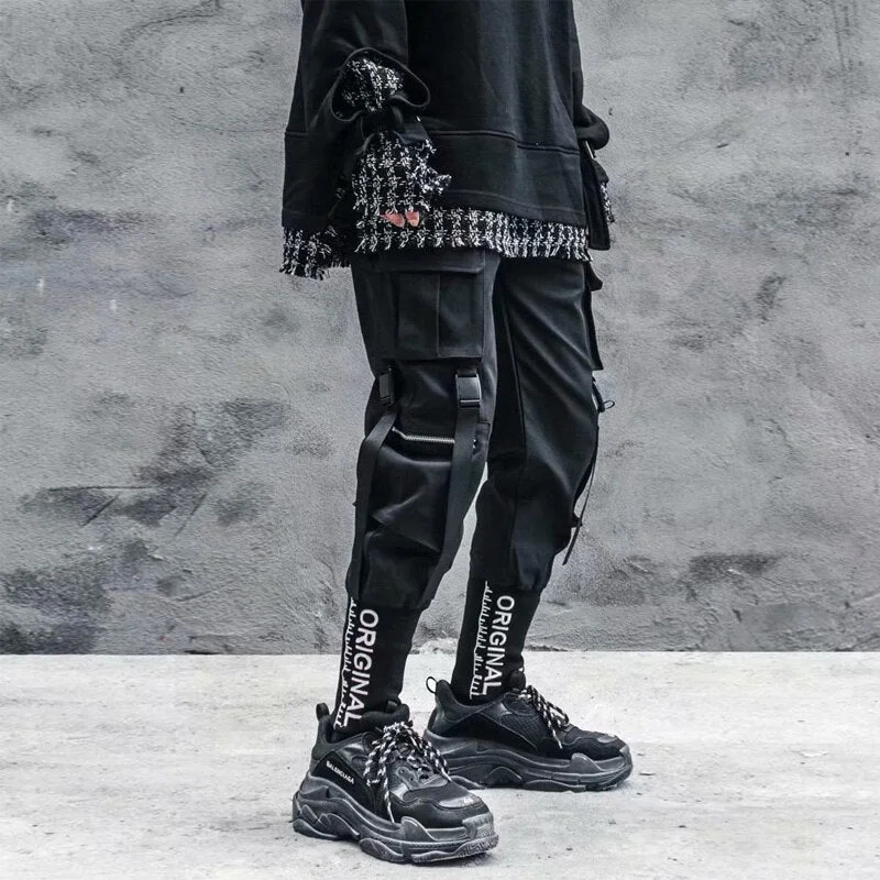 Stylish 2021 Japanese Fashion Harajuku Streetwear Cargo Pants for Men Ribbon Pockets Joggers Techwear Men's Trousers Hip Hop