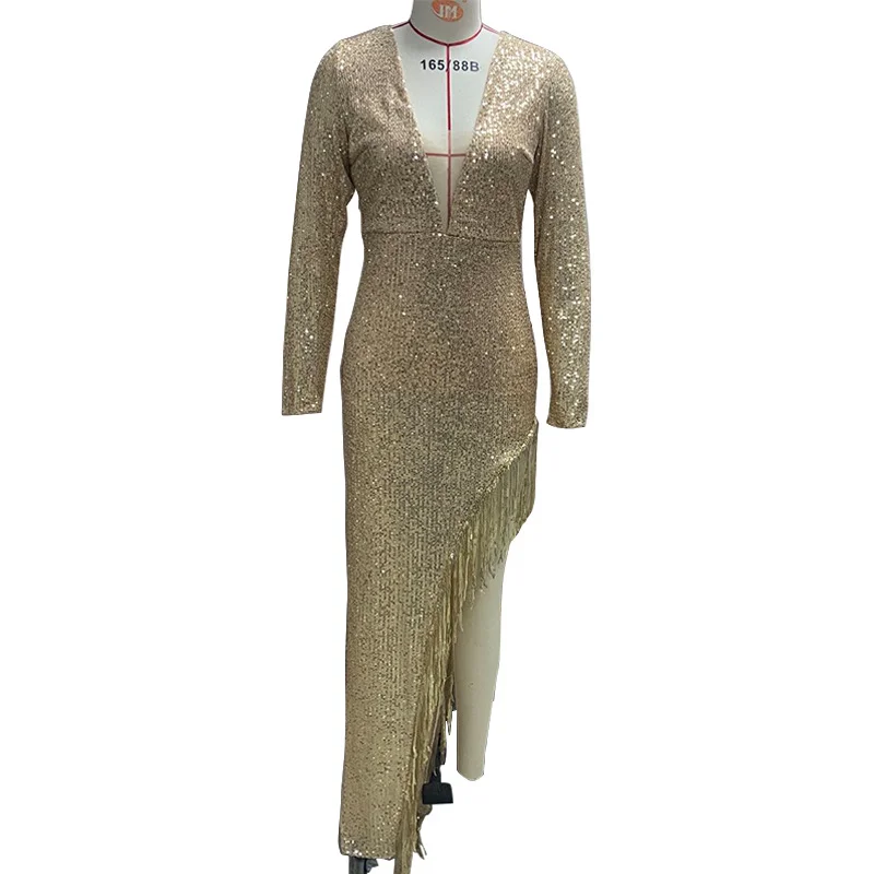 Brownm Brownm Dress Dress Tuxeds Slices Waist Deep V Long Sleeve Side Fork Sexy Asymmetric Dress Female
