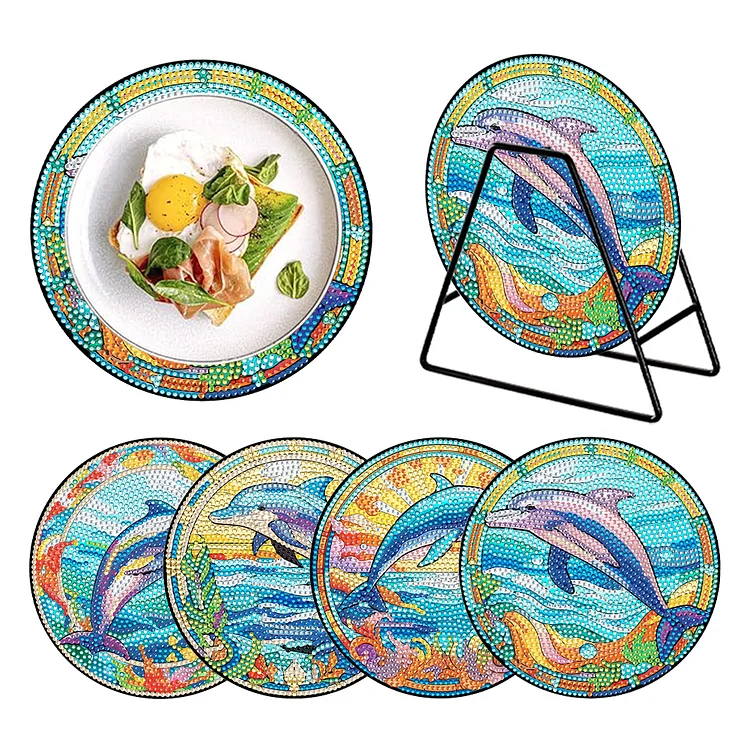 4 PCS Wood Dolphin Diamond Painted Placemats with Holder for Kitchen Decor