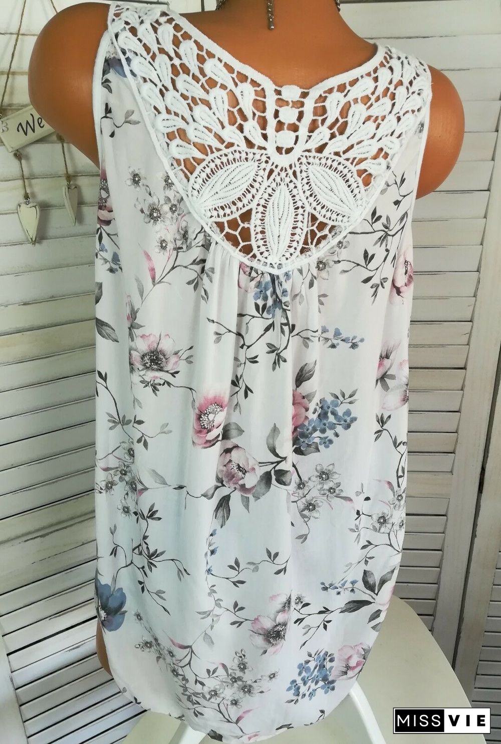 Women's Floral Printed Lace Stitching Sleeveless Tops Blouse