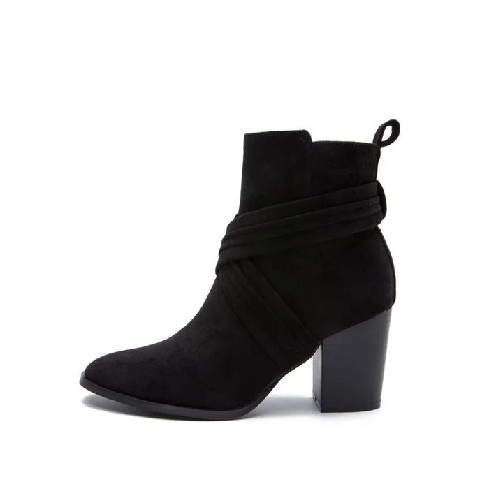 Chic Crisscross Strap Pointed Toe Block Heel Suede ANkle Boots