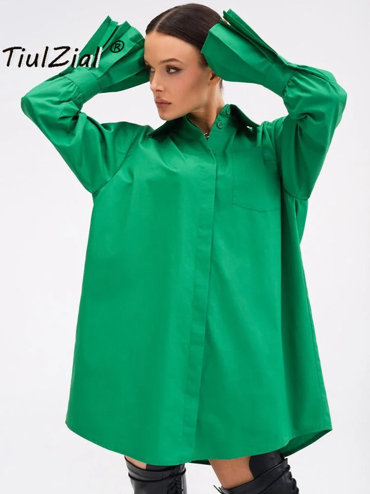 Vintage Green Oversized Shirt Blouse 2022 Pocket Casual Loose Long Blouse Plisse Sleeve Shirt Women Clothing Cotton