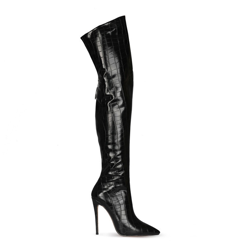 GOOSHOE Leather Women Boots Over The Knee High Heels Stone Pattern Shoes Long Boots Plus Size