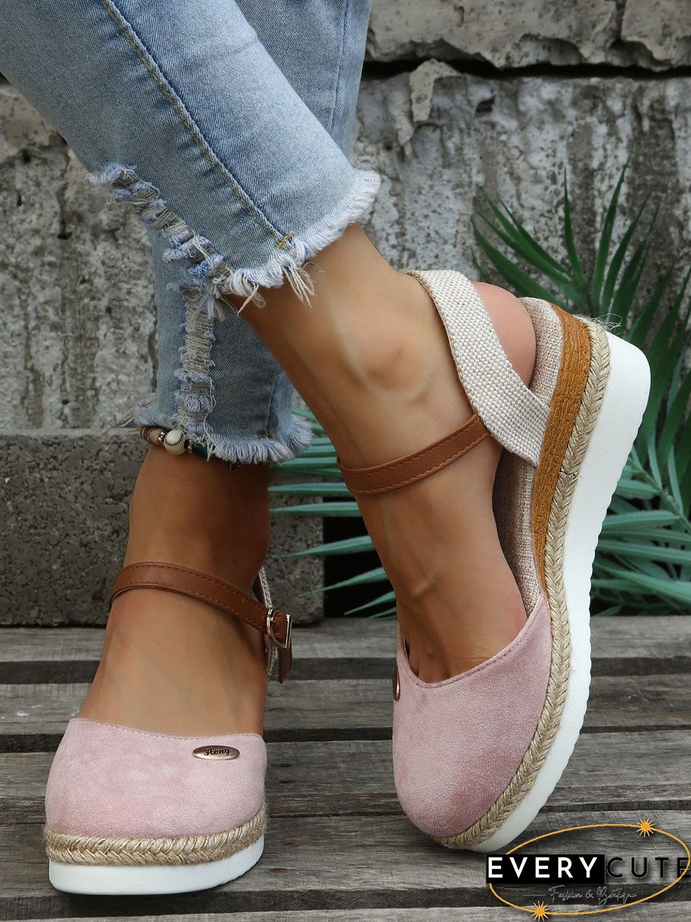 Women Color Block Summer Vacation Braided Non-Slip Block Heel Espadrille Sandals Adjustable Buckle EVA Wedges&Flatform