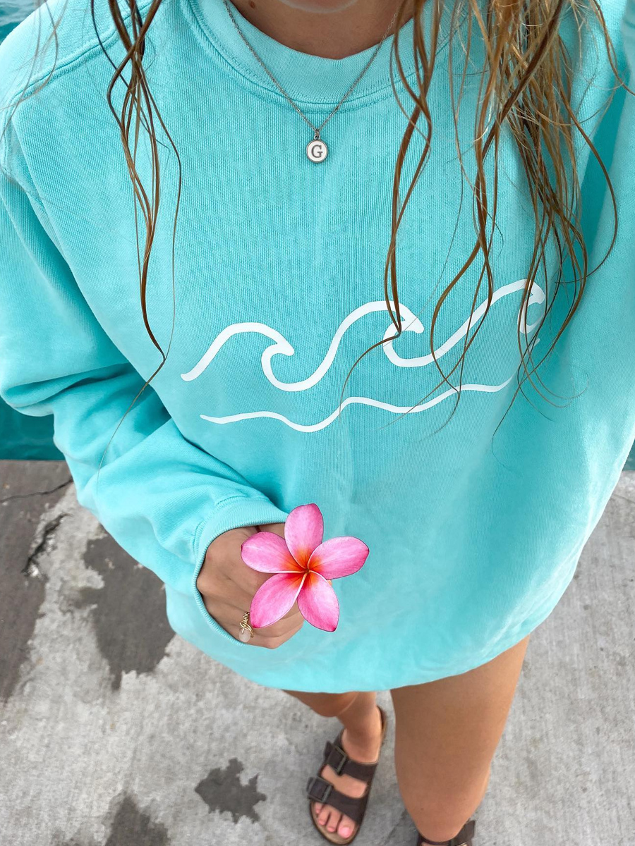 Women Blue Shores And Waves Printed Casual Sweatshirt