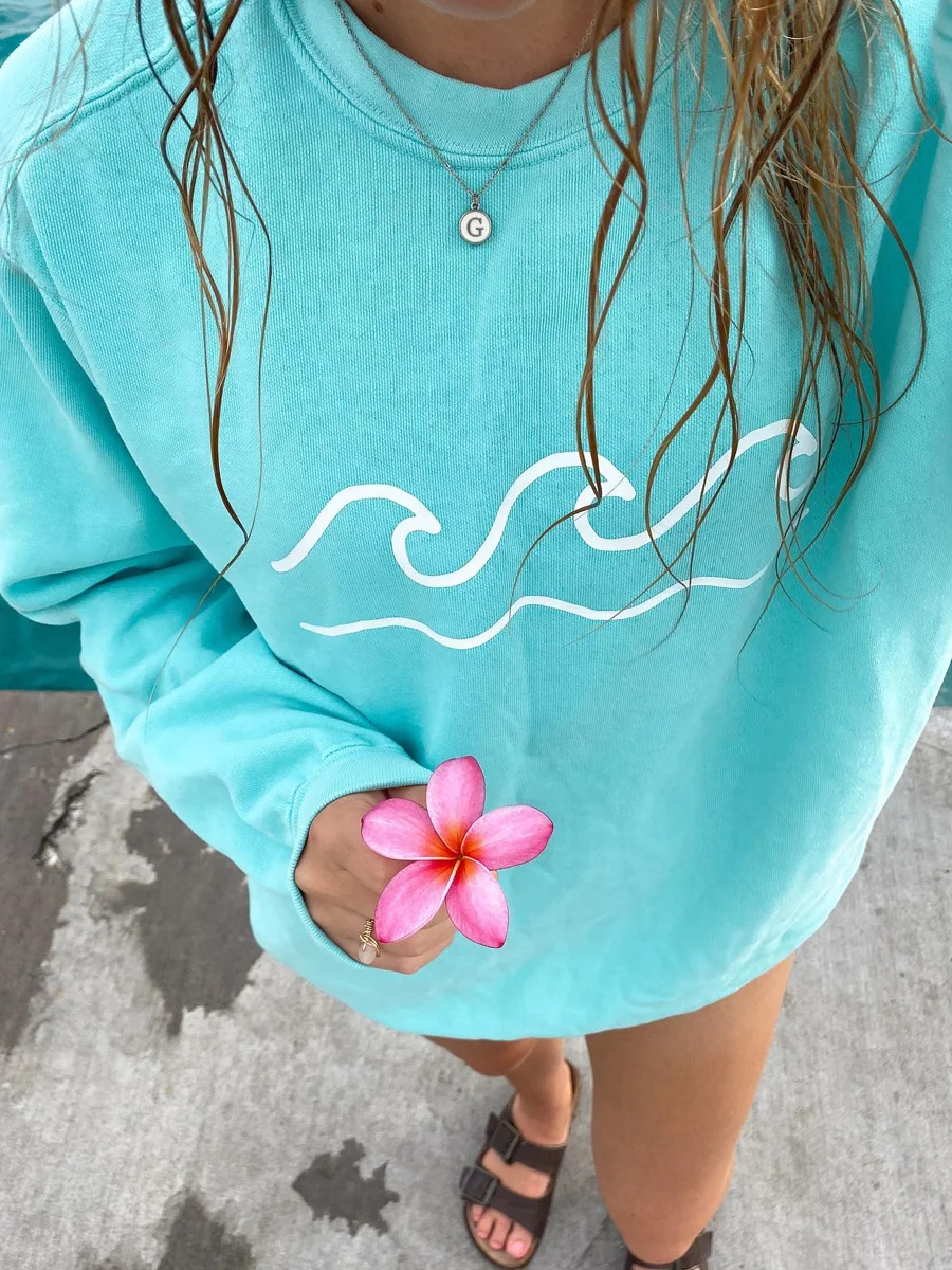 Women Blue Shores And Waves Printed Casual Sweatshirt