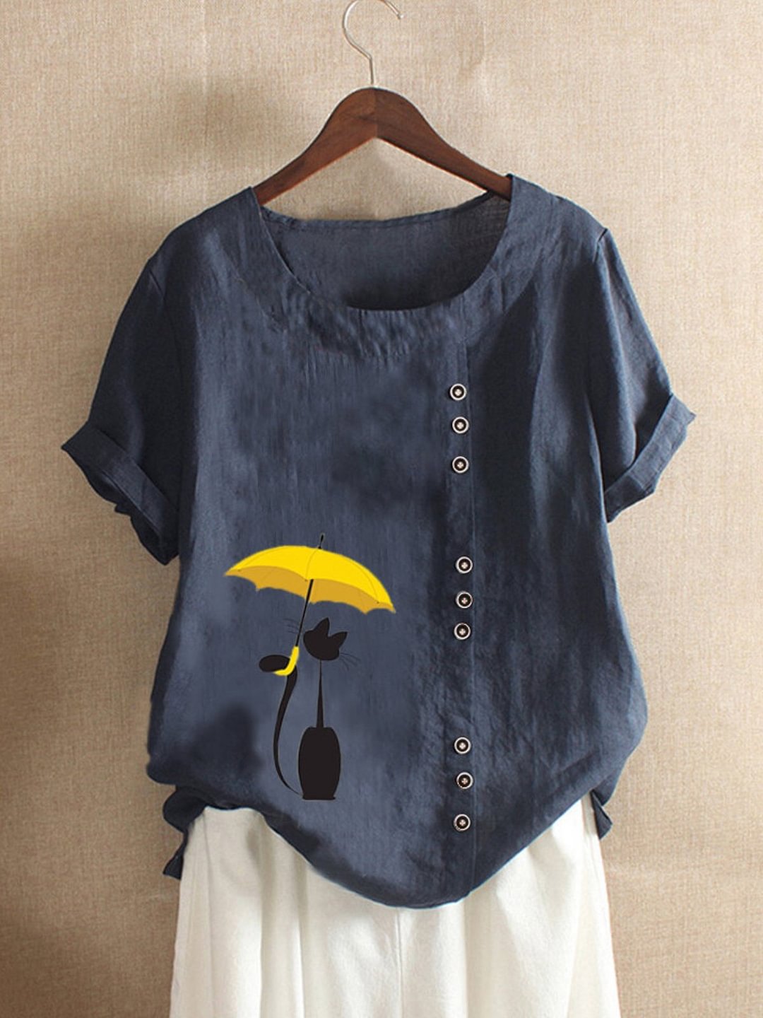 Navy Blue Casual Round Neck Shirts & Tops - VSMEE