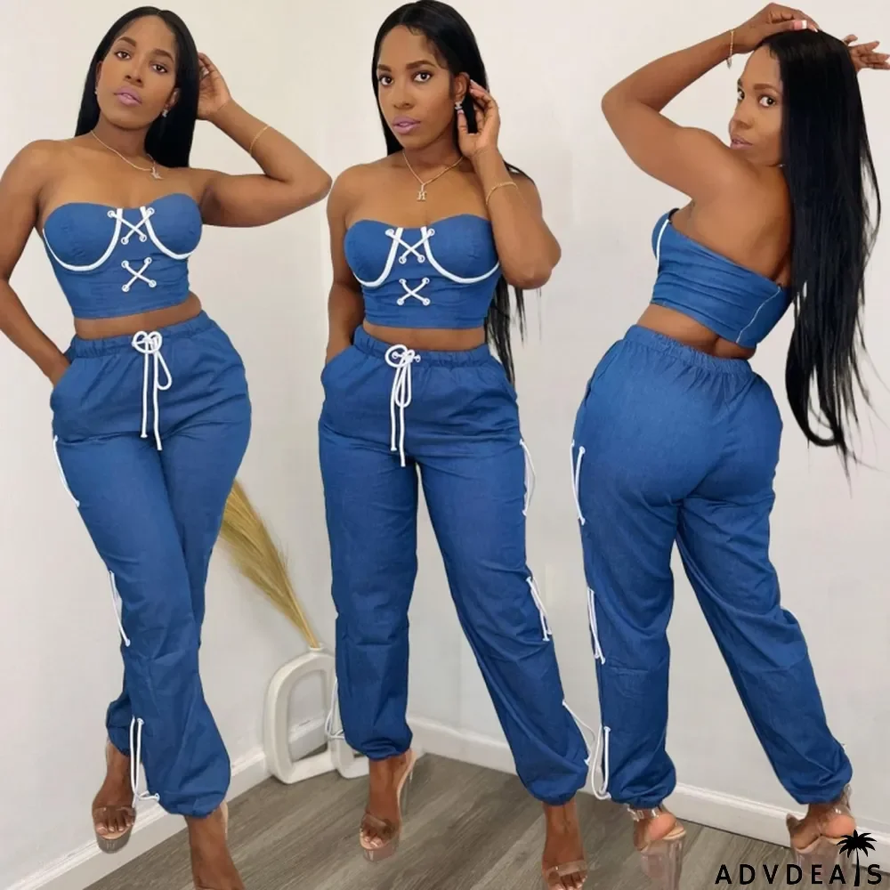 Women clothes Fashion Strapless Lace-Up Casual Two Piece Pants Set