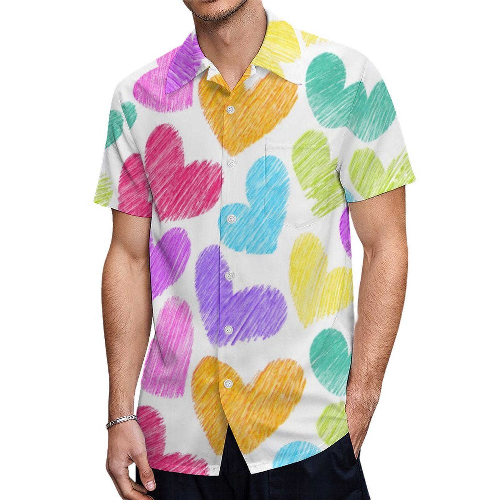 Sketchy Pastel Love Hearts Pattern Messenger Bag Hawaiian Shirt Mens Button Down Tropical Hawaii Beach Shirts