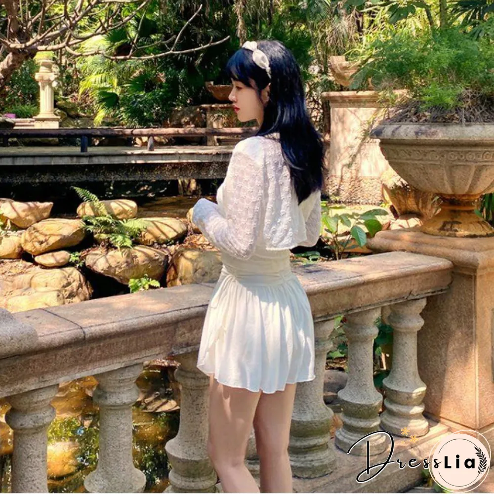 White fluffy mini skirt women kawaii drawstring pleated a-line short cute high waist