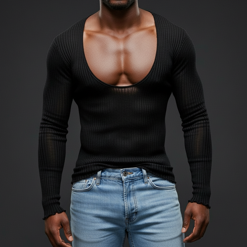 Men's Black Lightweight Sheer Ribbed Knitted Loose Casual Long-Sleeve T-Shirt-inspireuse