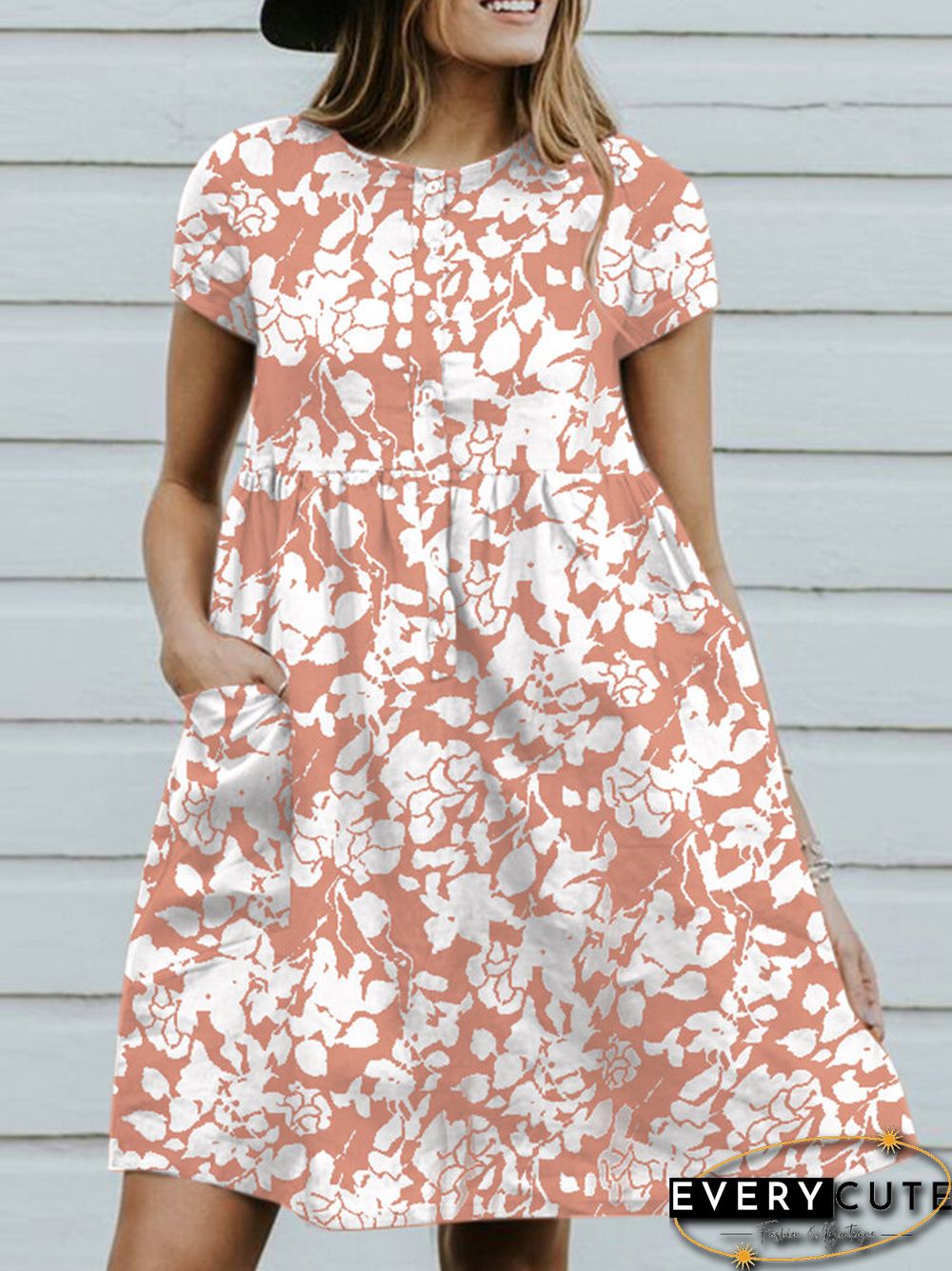 Random Allover Leaves Print Pocket Short Sleeve Button Dress