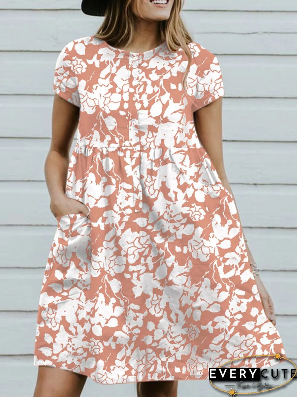 Random Allover Leaves Print Pocket Short Sleeve Button Dress