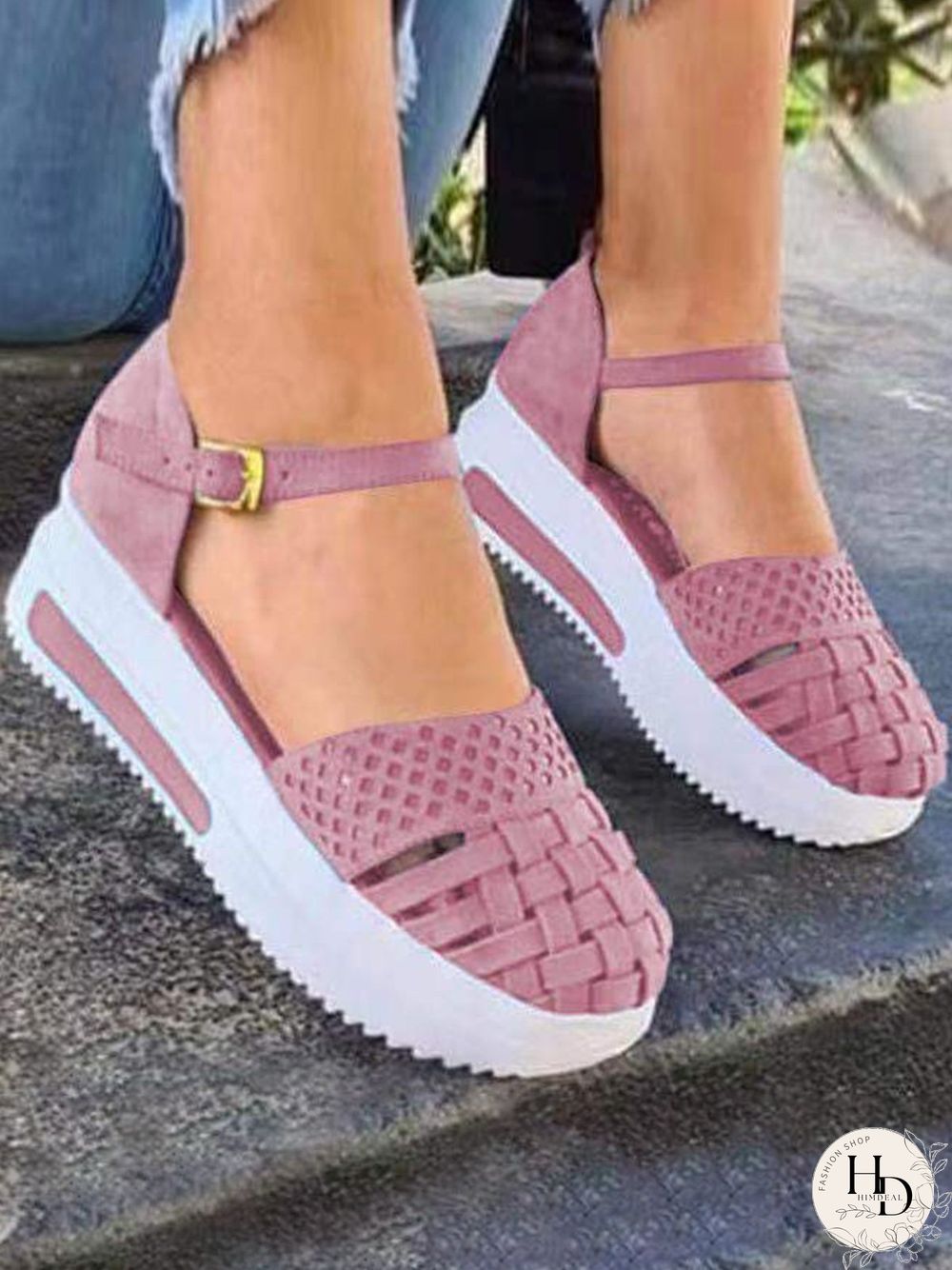 Braided Breathable Cutout Toe Platform Buckle Sandals