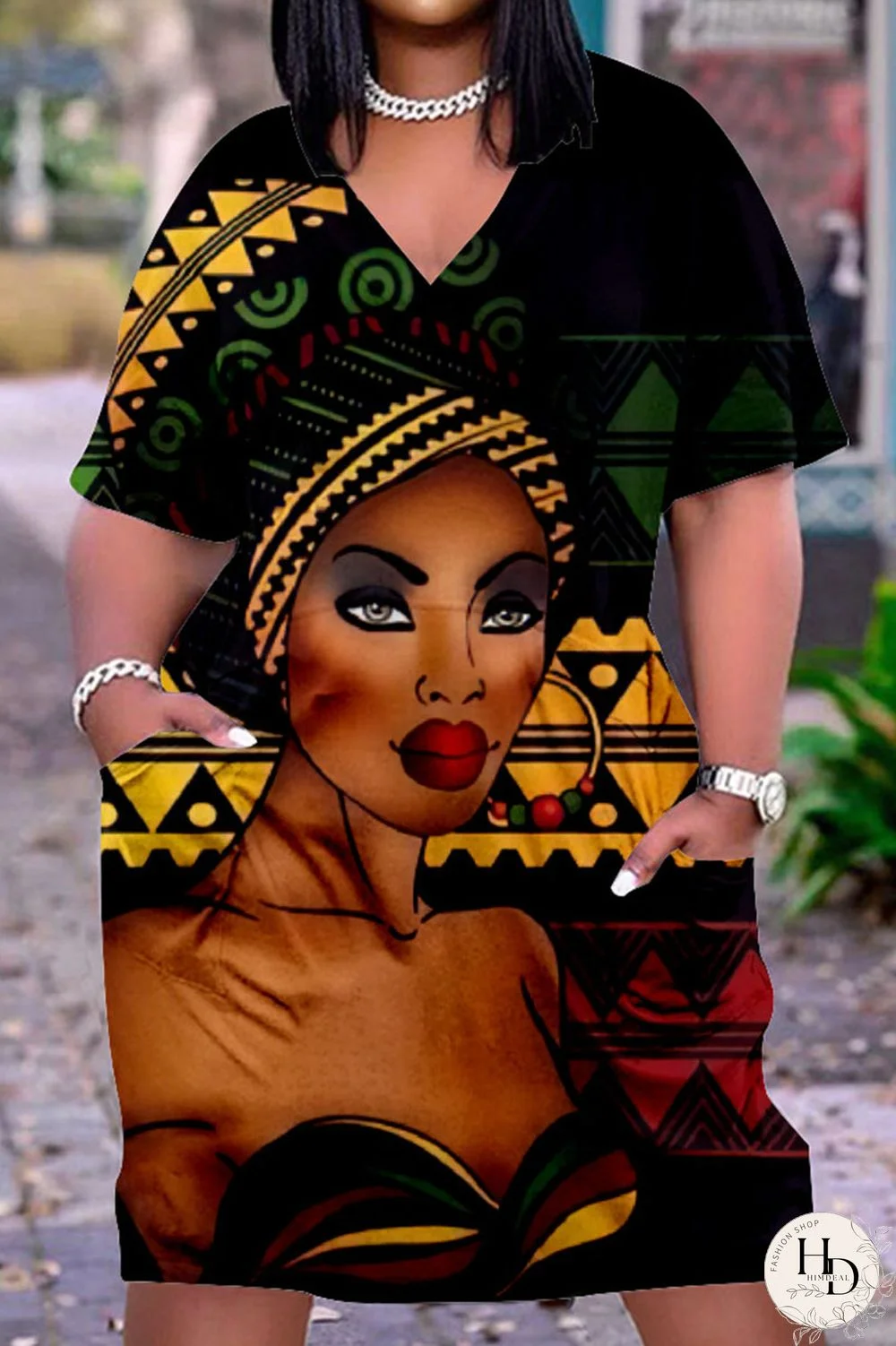 Multicolor Casual Street Print Patchwork V Neck Straight Dresses