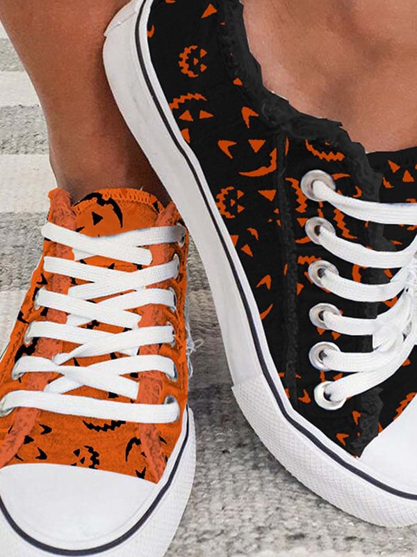 Orange And Black Pumpkin Face Canvas Shoes