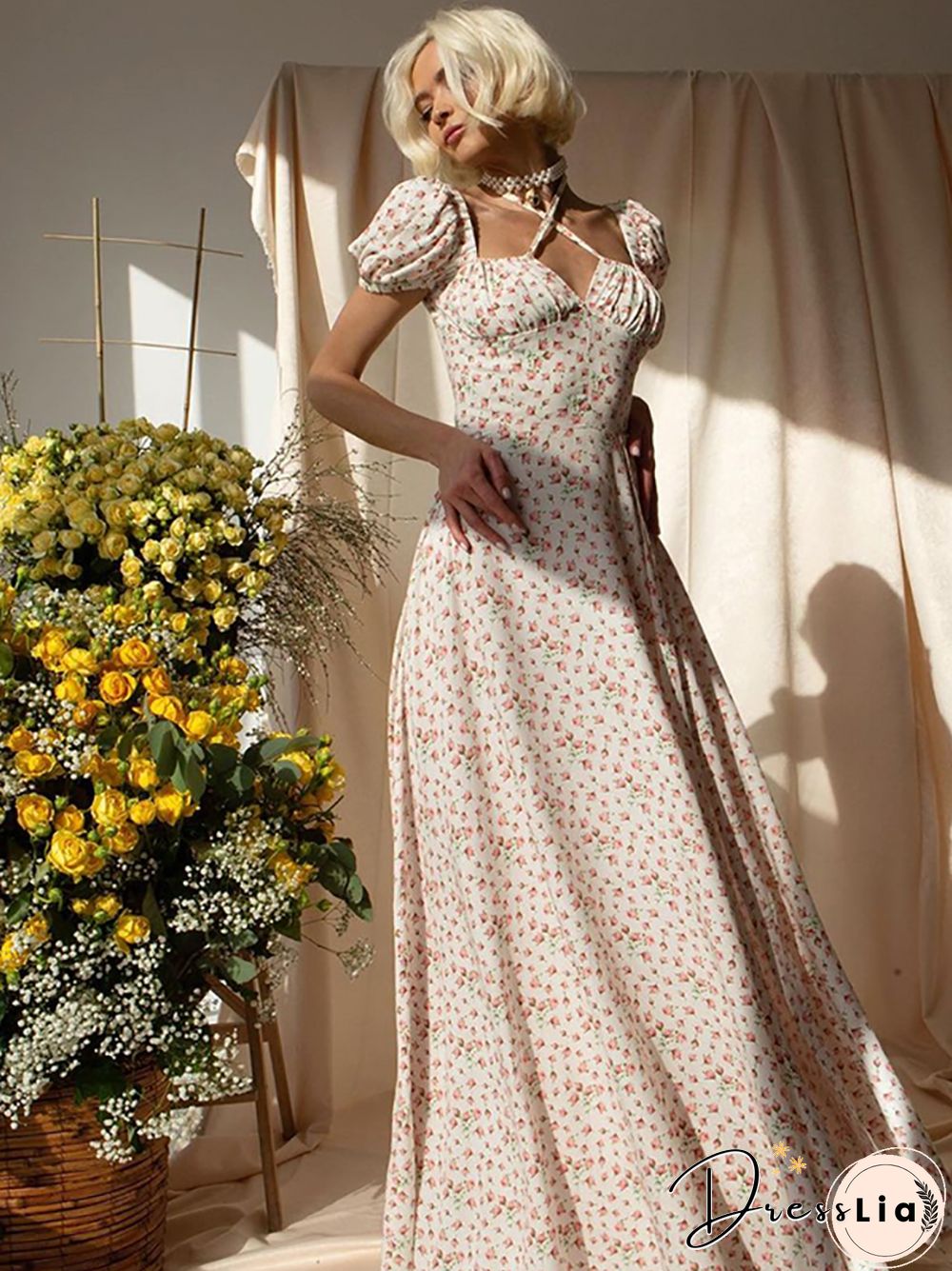 NewAsia Vintage Floral Dress Women Summer Square Collar Puff Sleeve Long Dress Sexy Off Shoulder Side Split A-line Dress