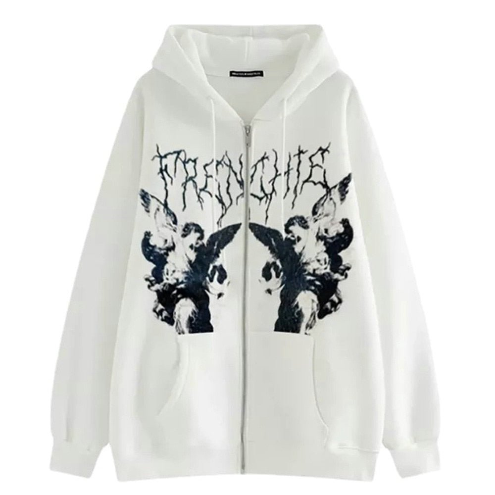 Women Hip Hop Streetwear Hoodies Women Jacket Angel Dark Print Jacket Coat Goth Harajuku Y2k Clothes Punk Jacket Outwear Zipper