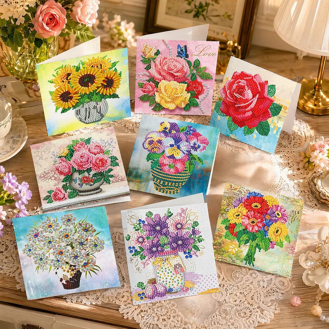 8PCS Vase DIY Diamond Painting Greeting Card Kits with Envelopes Diamond Art Greeting Cards Diamond Art Cards Kits for Adults DIY Crafts Family Friend Gifts