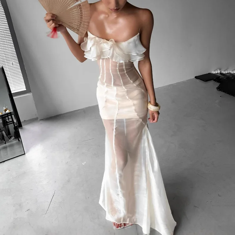 Zingj Sexy Dress Women 2025 Summer New Fashion Mesh Perspective Lotus Side Design Smear Skirt