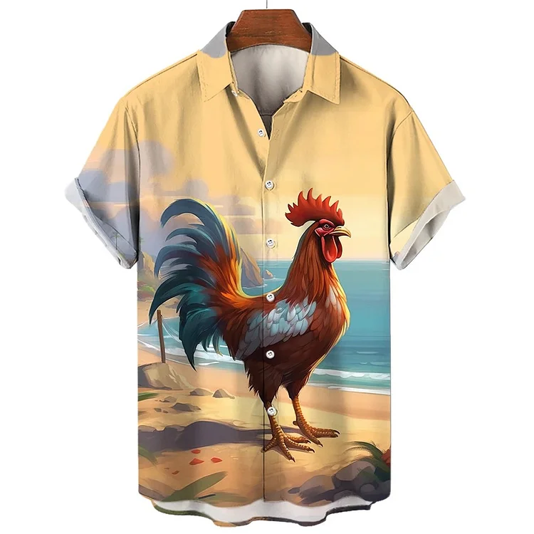 Traceeye Beach Chicken Lapel Men Shirt 3D Print Man/Women Casual Fashion Short Sleeves Shirts Button Streetwear Oversized Unisex Clothing