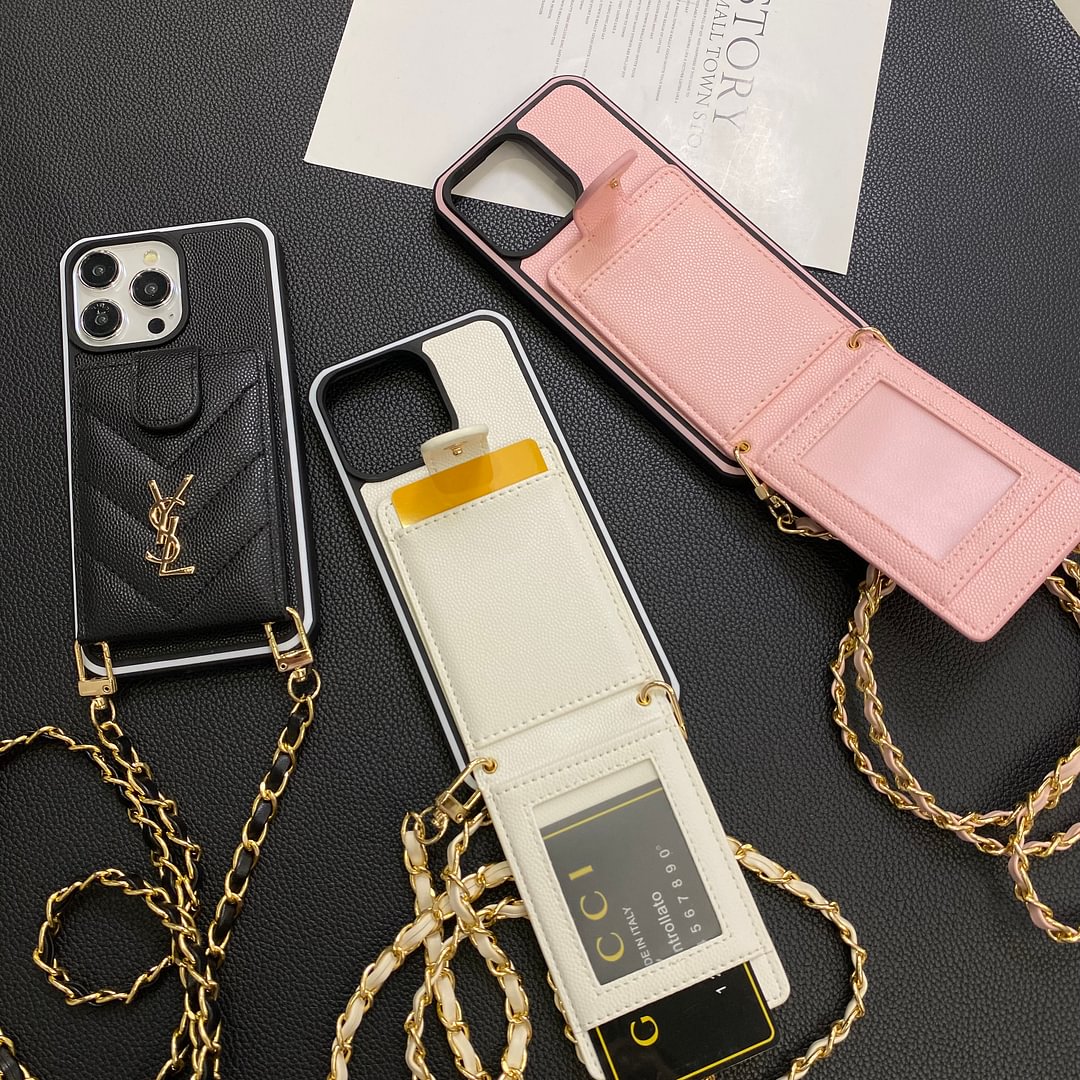 YSL Crossbody Long Rope Leather Card Holder Apple iPhone Case