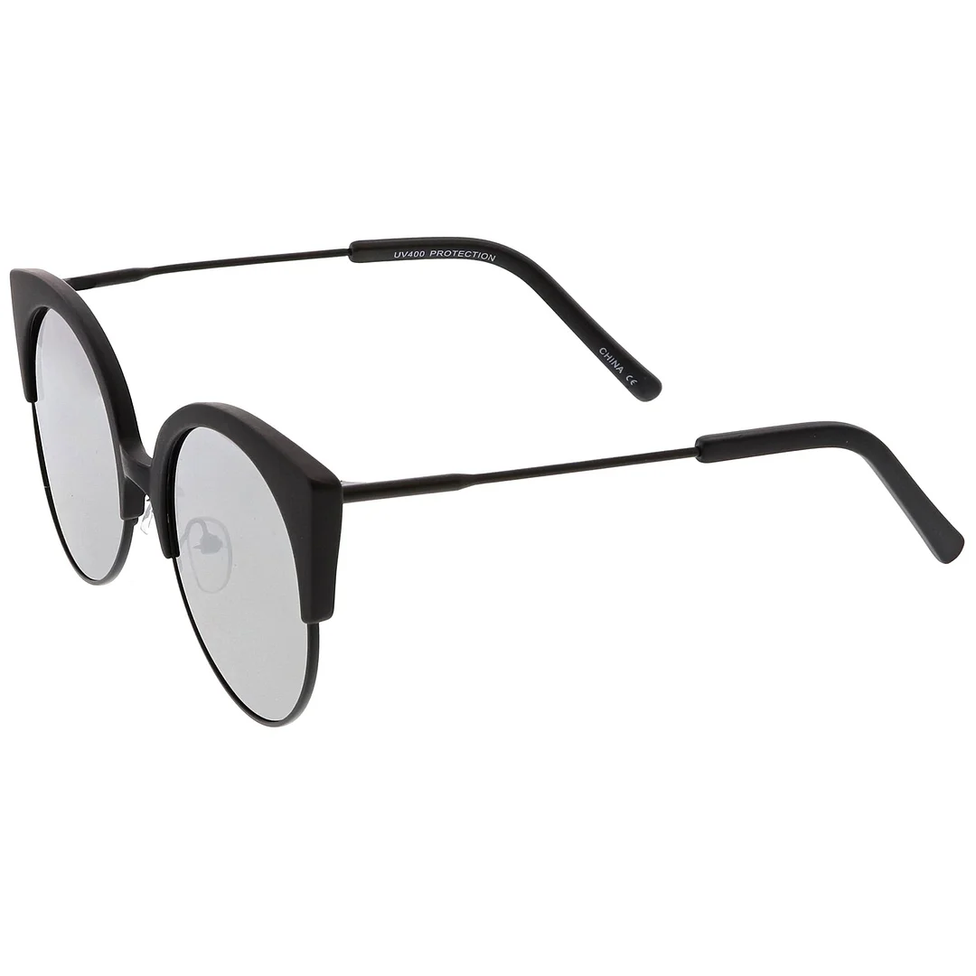 Women's Half Frame Cat Eye glasses Ultra Slim Arms Mirrored Round Flat Lens 53mm